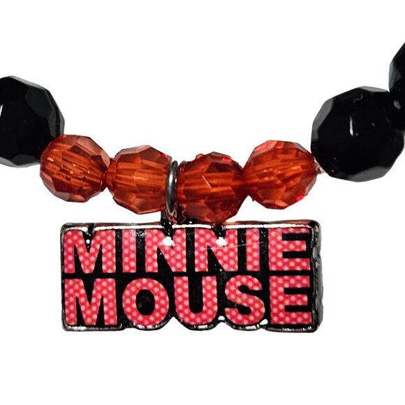 Disney Minnie Mouse Beaded Stretch Charm Bracelet Black Red Beads Jewelry Women - Picture 2 of 5